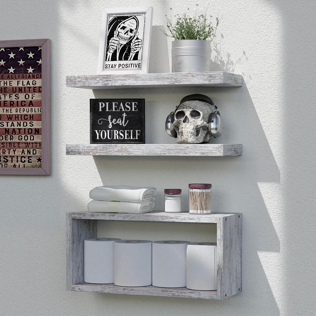 RICHER HOUSE Floating Shelves Set of 3, Farmhouse Bathroom Wall Mounted Shelves with Invisible Brackets Over Toilet, Wall Shelves for Bathroom Bedroom, Living Room, Kitchen - Rustic White