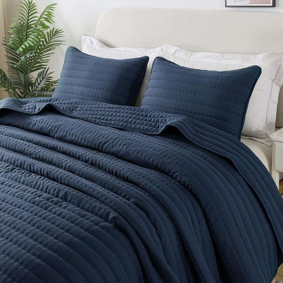Navy Blue Queen Size Quilt Bedding Sets with Pillow Shams, Mustard Full Lightweight Soft Bedspread Coverlet, Quilted Blanket Thin Comforter Bed Cover for All Season, 3 Pieces, 90x90 inches