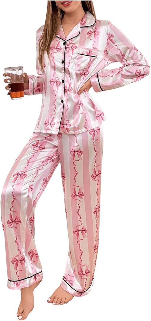 WDIRARA Women's 2 Piece Bowknot Print Satin Pajama Set Long Sleeve Button Down Lounge Pants Sleepwear Sets (Pink White, Small)