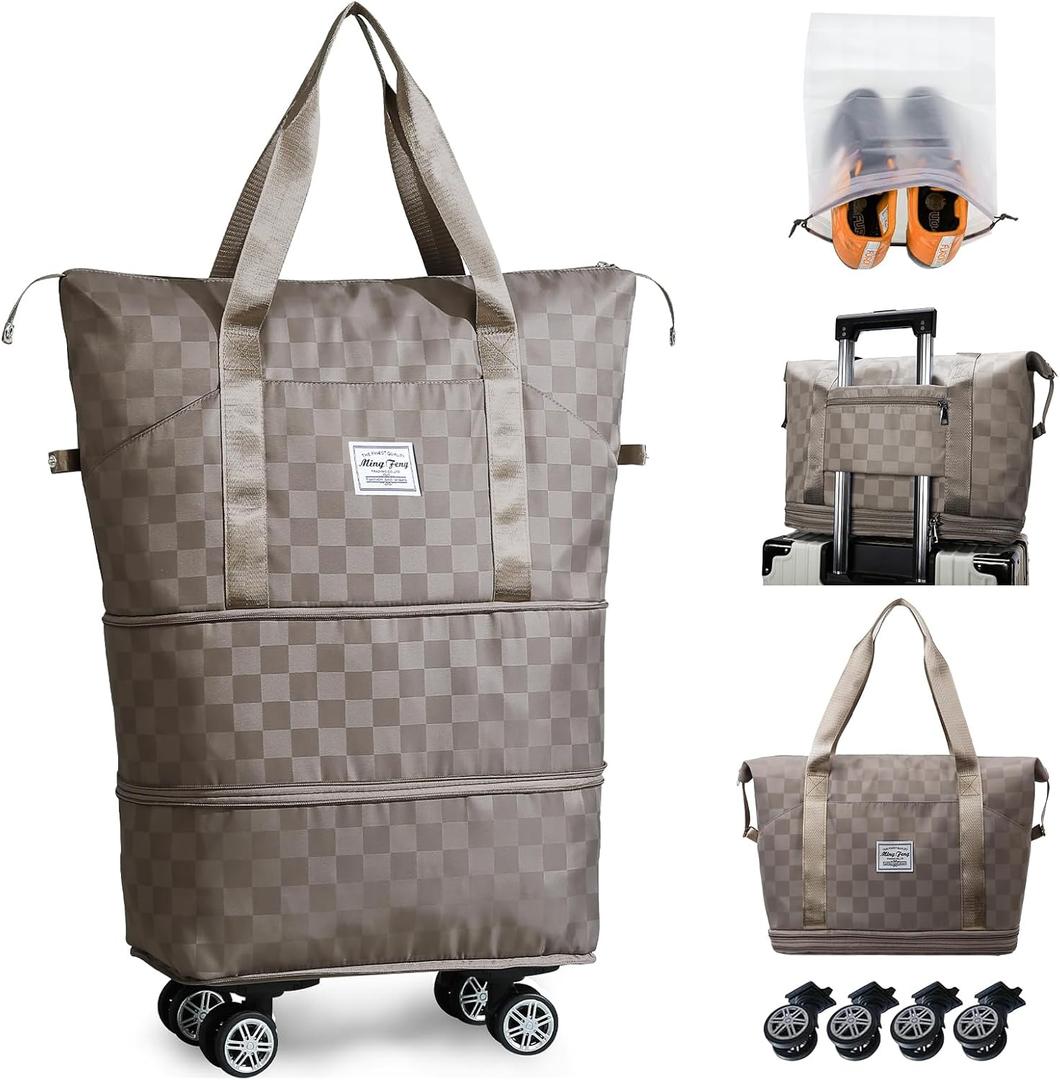 Rolling Duffle Bag with Wheels Expandable Foldable Travel Duffel Bag Checkerboard Carry on Luggage Bag Weekender Bag for Men Women (Khaki+Shoe Bag)