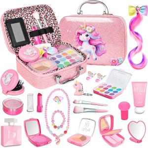Pretend Makeup for Toddlers, Kids Pretend Play Makeup Set for Little Girls, Fake Toy Makeup Set with Purple Cosmetic Case & Jewelry Set, Birthday for Kids Girls 3 4 5 6 7 8+