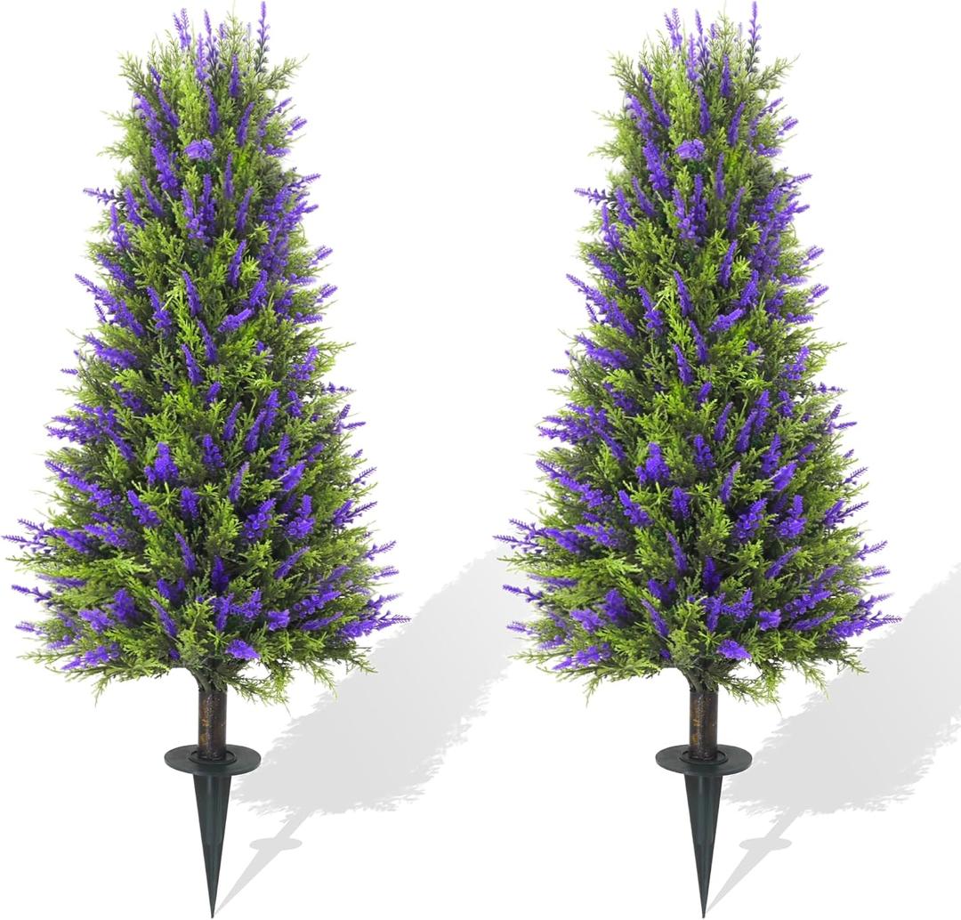 40" Artificial Cedar Lavender Topiary Trees with Ground Spike, Set of 2 Artificial Shrubs Fake Bushes UV Resistant Realistic Fake Plant for Outdoor Indoor Porch Garden Home Decor