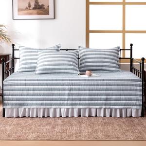 SLEEP ZONE 5 Pcs Daybed Cover Set Stripe Cotton Quilting Cozy All Season Cozy Dayebed Comforter Bedding Set with Bedskirt, Matching Shames, 75" 39", Blue
