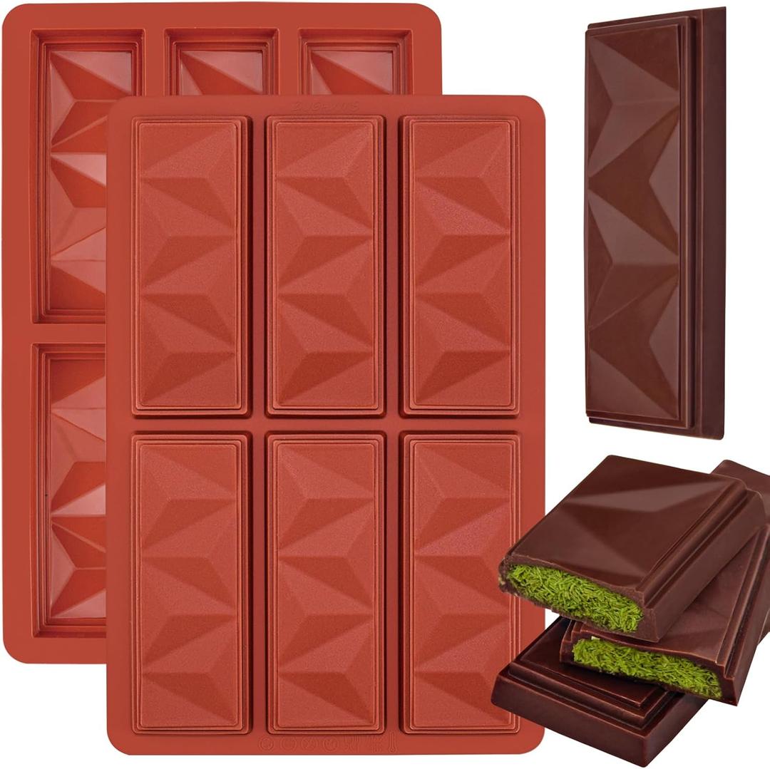 Chocolate Bar Molds Silicone Non Stick 2 Pack,Deep Dubai Granola Candy Stuffed Bar Mold for Filling Knafeh Pistachio Chocolate Bar (Triangle Shapes) (6 Squares Triangle, Brown Red2 pcs)