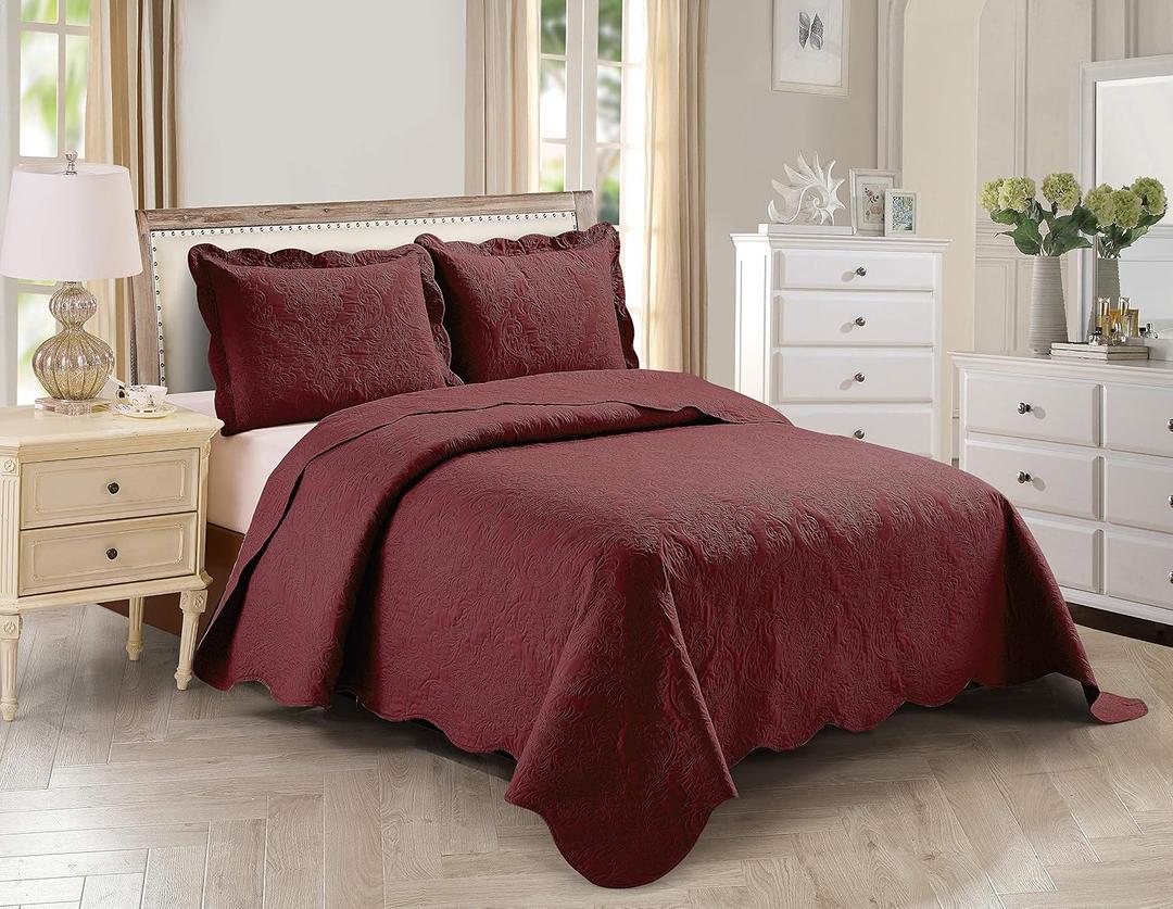 Kids Zone Home Collection, Over Size, Elegant Vintage Floral Pattern Embossed, Light Weight, Scalloped Edges, Bedspread Set, Solid, #Stacy, 3 Pieces, King/California King, Burgundy
