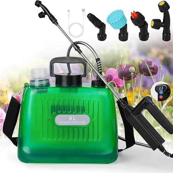 Battery Powered Sprayer 2 Gallon, Electric Sprayer with 4 Mist Nozzles, USB Rechargeable Handle, 32in telescopic Wand, Garden Sprayer with Adjustable Shoulder Strap for Lawn, Garden, Cleaning