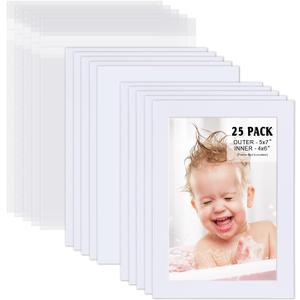 Egofine Pack of 25 White Pre-Cut 5x7 Picture Mat for 4x6 Photo with White Core Bevel Cut Mattes Sets. Includes 25 High Premier Acid Free Mats & 25 Backing Board & 25 Clear Bags