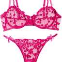 Lilosy Sexy Underwire Cute Push Up Strappy Embroidered Mesh Sheer Lingerie Set See Through Panty Bra (Small, Bow Hot Pink)