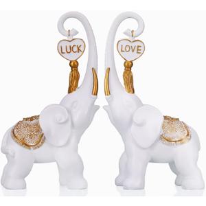 White Elephant Statue Set, Lucky Elephant Sculpture for Home and Office Decor, Coffee Table and Shelf Decor