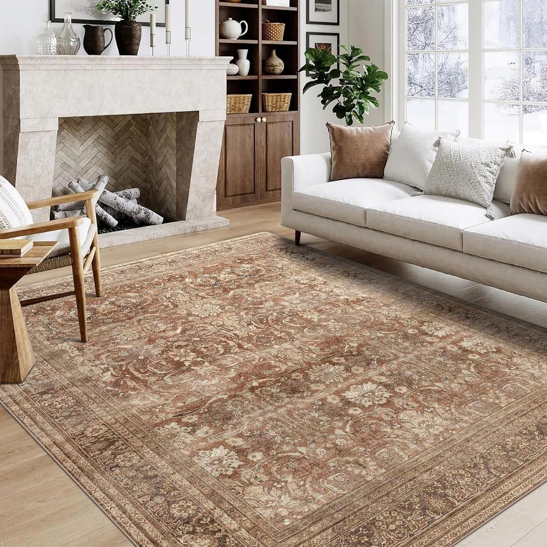 vivorug 9x12 Area Rugs for Living Room, Non Slip Machine Washable Vintage Rug, Ultra-Thin Lightweight Large Area Rug for Bedroom, Dining Room, Low Pile Brown Rug