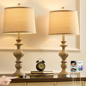 SAIWEYA 27.5" Farmhouse Table Lamps Set of 2 Bedside Nightstand Lamp with USB C+A Ports & AC Outlet, 3 Way Dimmable Touch Lamps for Bedroom Living Room Office Rustic Lamp