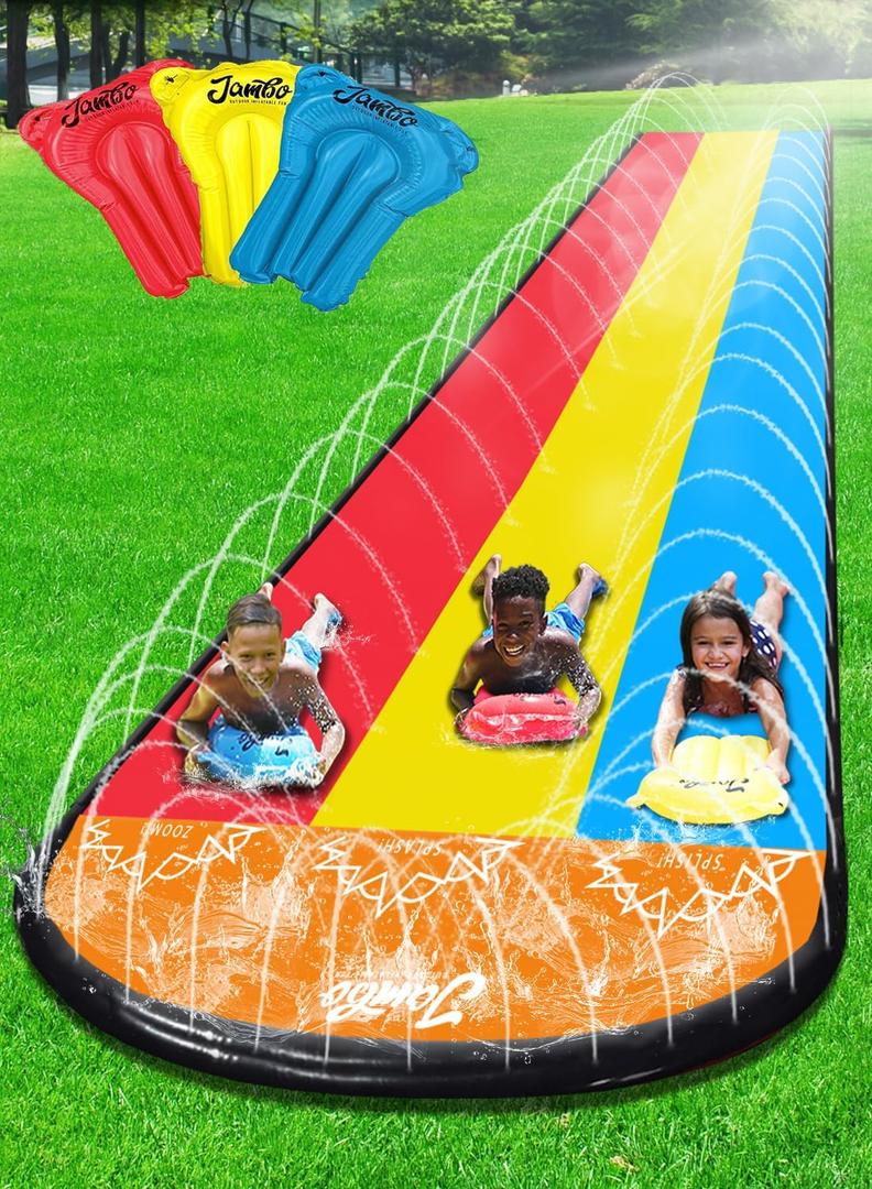 JAMBO Premium Triple Water Slide with 3 Bodyboards, 20Ft Heavy Duty Slip Splash and Slides-Advanced 3-Way Sprinkler System, Splash Pad Mat Backyard Summer Outdoor Water Toys n Long Slides for Kids