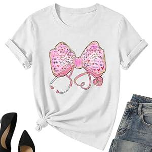 Valentines Nurse Shirt for Women-Valentines Day Bow Short Sleeves Funny Nursing School Tee Tops, Medium