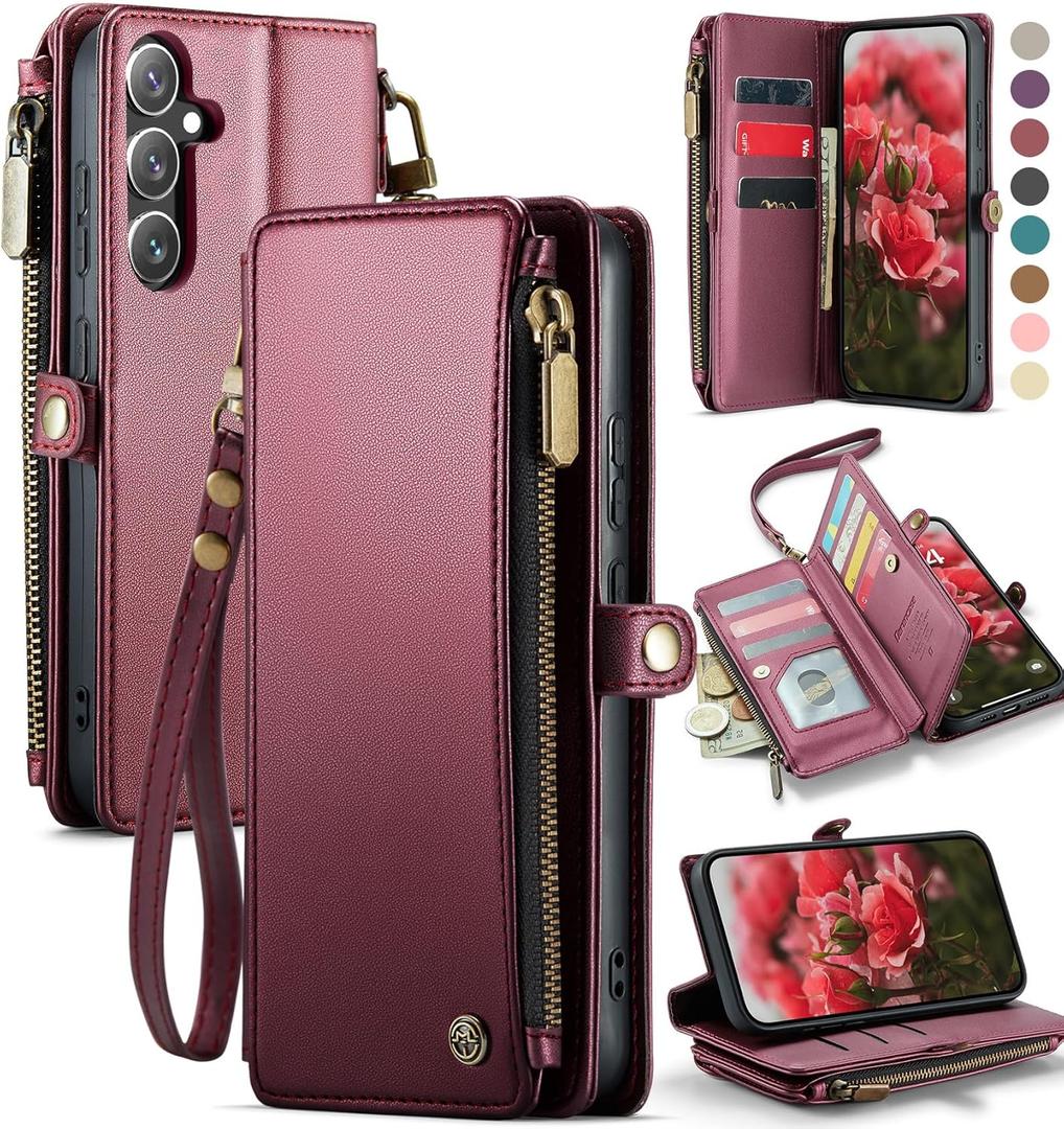 Defencase Compatible with Samsung Galaxy S24 FE Case Wallet with RFID Blocking Card Holder for Women, PU Leather Magnetic Snap Flip Zipper Strap Wallet Phone Case for Galaxy S24 FE 5G 6.7", Wine Red