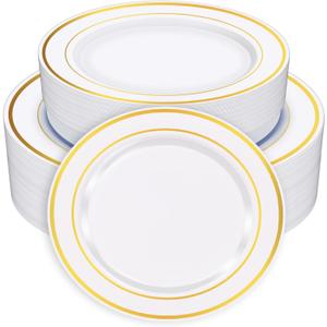 Zcaukya 100PCS Gold Plastic Plates, Disposable Plastic Dishes with Gold Rim in Bulk, 50 Pcs Each 10.25 Inch and 7.5 Inch for Dinner, Birthday and Wedding