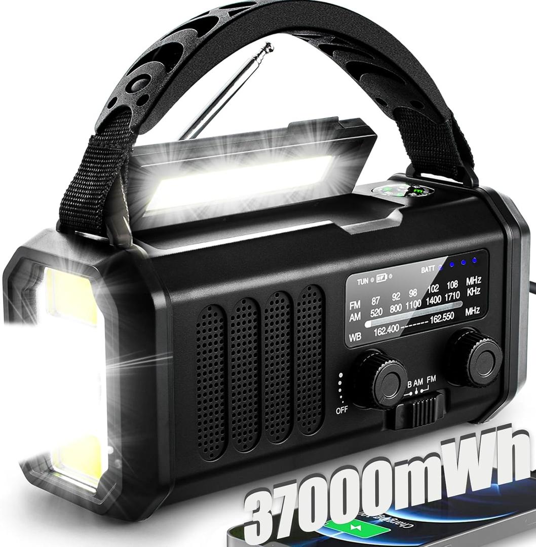 Hand Crank Emergency Radio,37000mWh Solar Powered Portable NOAA AM FM Weather Radio with 3Mode Flashlight and Reading Light,Cell Phone Charger,Home and Emergency Distress Signal (Black) Hand Crank Emergency Radio,37000mWh Solar Powered Portable NOAA AM FM Weather Radio with 3Mode Flashlight and Reading Light,Cell Phone Charger,Home and Emergency Distress Signal (Black)