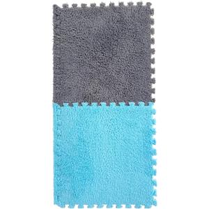 16 Pcs EVA Foam Square Interlocking Plush Carpet Tiles - 12"x12", 16Sq,Ft Children Exercise Crawling Play Mat Protective Floor Tiles Soft Shaggy Area Rugs for Kids Room, Parlor, Bedroom(Grey+Blue)