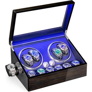 ANWBROAD Watch Winder for Automatic Watches 4 Watch Rotator and 6 Extra Storages with Super Quiet Motor LED Backlight Piano Paint Watch Shaker 4 Rotating Modes USB UJWW002E