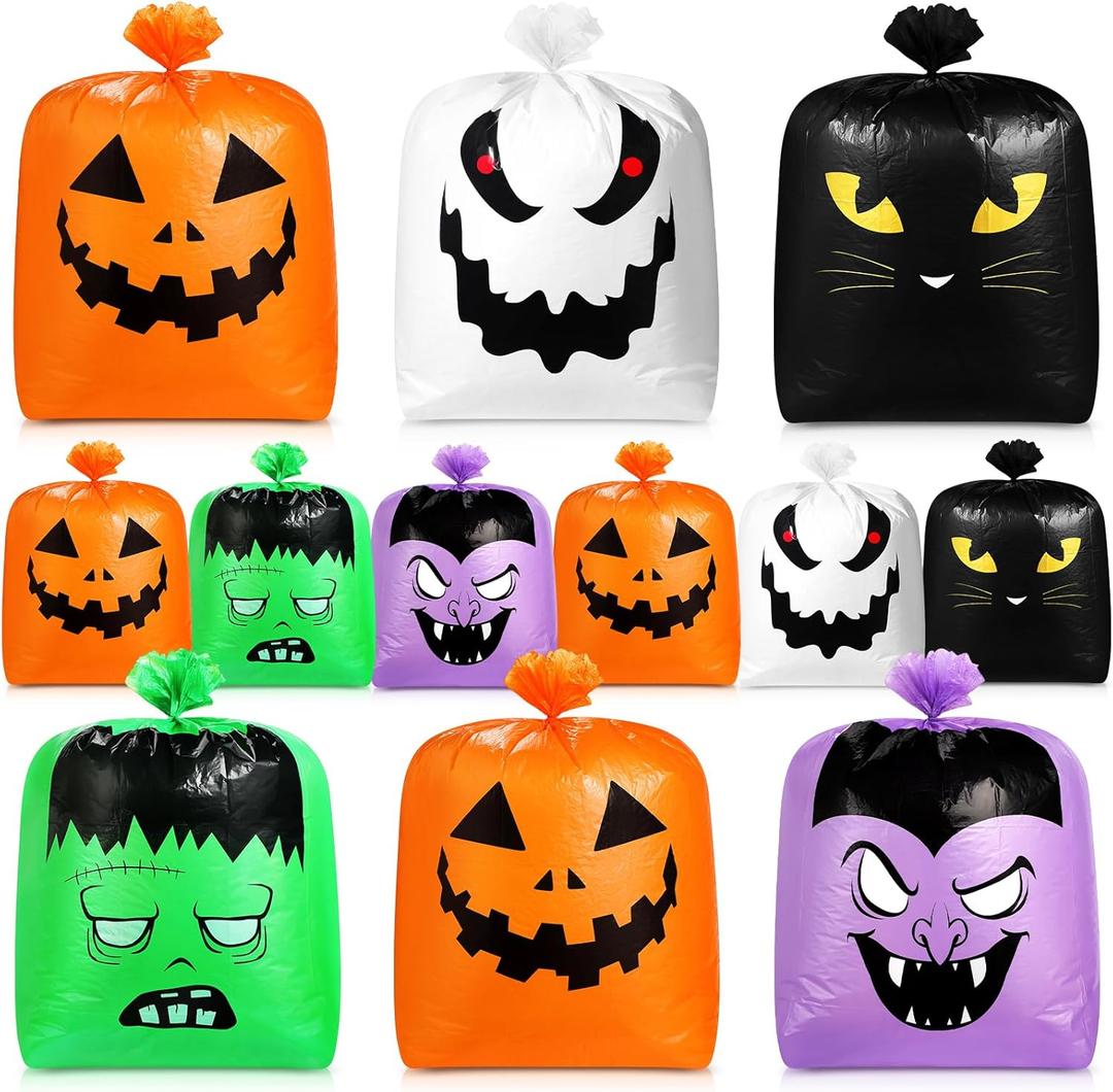 Qilery 12 Pcs Halloween Leaf Lawn Bags Plastic Pumpkin Trash Bags for Leaves with Twist Ties for Halloween Yard Garden Outdoor Party Favors Decorations