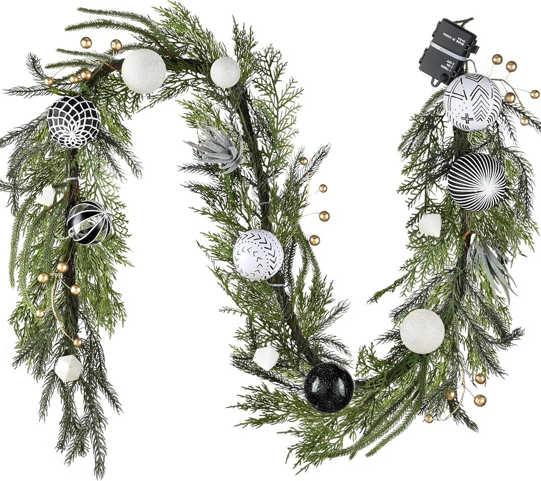Decorbyhannah Christmas Garland with Lights, 6ft Lighted Norfolk Pine Garland with Boho Ornaments, Battery Operated Artificial Greenery Christmas Decorations for Mantle(Boho Black & White)