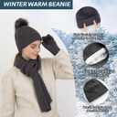Double Couple 3pcs Winter Women scarf and hat and Touch Screen Gloves Set for Women Knit Hat with Faux Fur Ball Scarves Glove (Dark Gray)