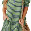 BLENCOT Women's Casual Polo V Neck T Shirt Striped Dress Summer Puff Short Sleeve MIdi Dresses M