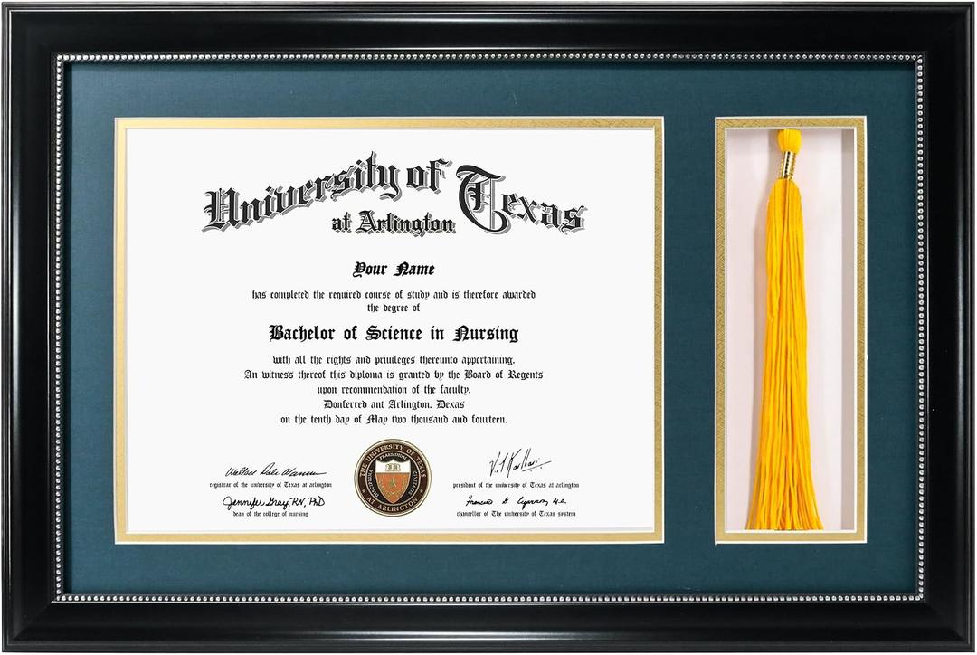 GraduationMall 11x17 Black Diploma Frame with Tassel Holder for 8.5x11 Certificate Document,Real Glass, Navy over Gold Mat