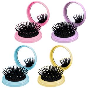 cobee 4 Pcs Folding Travel Hair Brushes with Mirror, Compact Folding Pocket Mirror Combs Round Hair Massage Comb Colourful Mini Mirrors Comb for Women(Yellow, Blue, Purple, Pink)