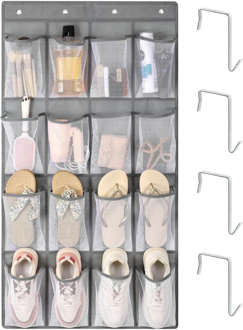 F-color 16-Pocket Hanging Organizer - Over the Door Shoe Organizer, Cruise Essentials for Cabin & RV, Breathable Mesh Storage Pockets, Space Saving Hanging Storage Holder with 4 Sturdy Metal Hooks