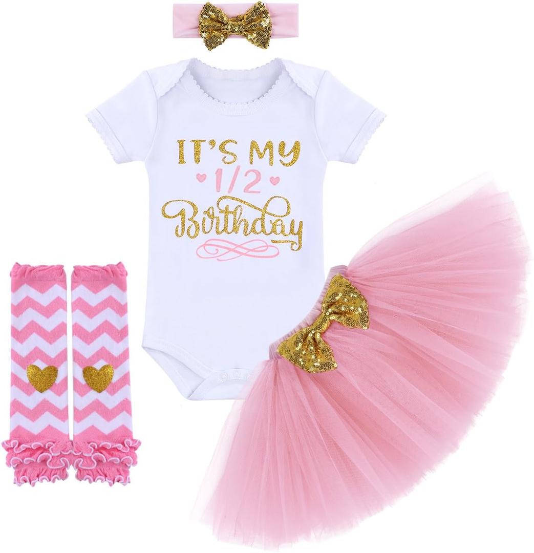 OBEEII Baby Girl 1/2 1st 2nd Birthday Outfit Short Sleeve Romper Tutu Skirt Headband Leg Warmers Set Cake Smash Photoshoot (6 Months, Pink 6 Months)
