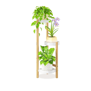 LASZOLA Bamboo White 3 Tier Heavy Duty Plant Stand Indoor, Tall Multiple Level Vertical Planter Rack for Modern Narrow Corner, Slim Spiral Flower Holder Organizer Display for House Decor, Plastic Tray