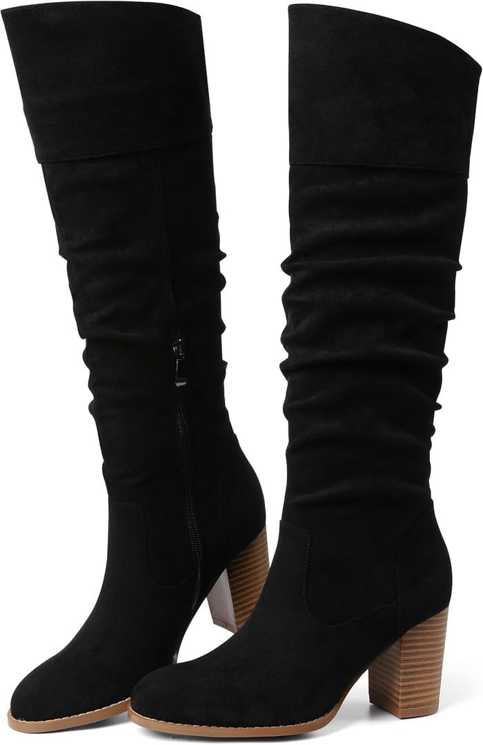 Erocalli Suede Knee-High Boots Fall Boot For Women Chunky Block High Heel Slouch Fashion Boot Round Toe Side Zipper, Size 7
