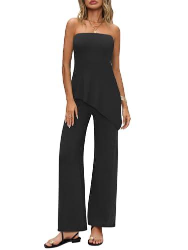 MAOECO Womens Two Piece Sets Summer Travel Vacation Outfits 2025 Trendy Lounge Matching Sweater Set Knit Tube Tops Wide Leg Pants Black Small, 