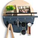 Key Holder for Wall Decorative with Shelf and Hooks, Mail Organizer Wall Mount with Sunglasses Holder, Circular Design Entryway Key Rack Hanger, Rustic Home Decor (Light brown&Navy blue)