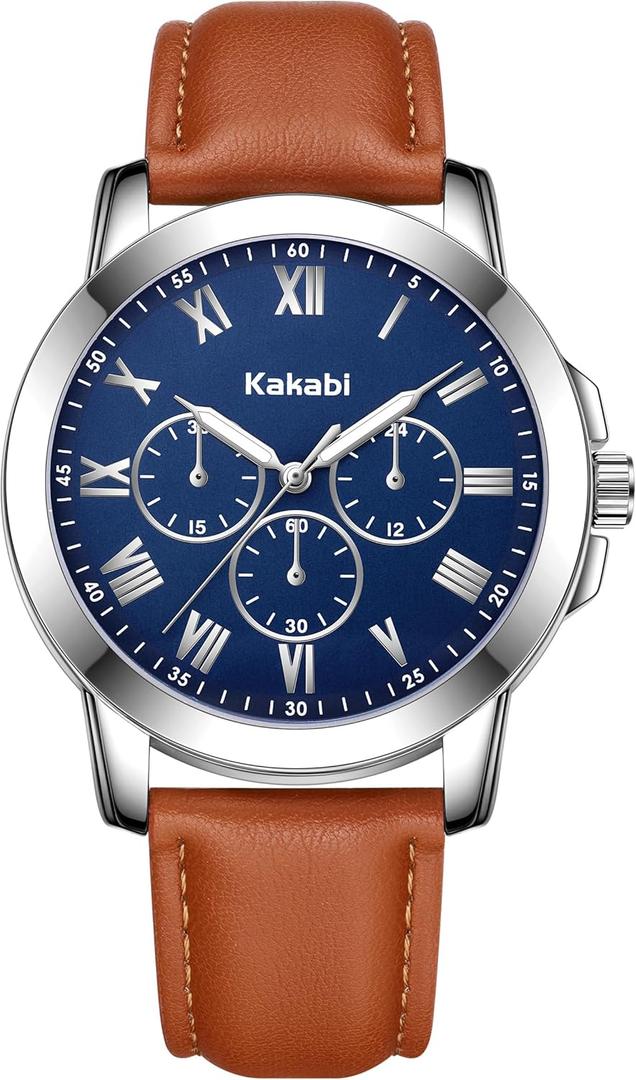 Mens Watches Leather Watch Analog Quartz Watch for Men, Classic Roman Numeral Dress Watch for Business Casual, Luminous Hands Mens Wrist Watches, 3ATM Waterproof Watch Gifts for Men (K7601S-BlueBrown)