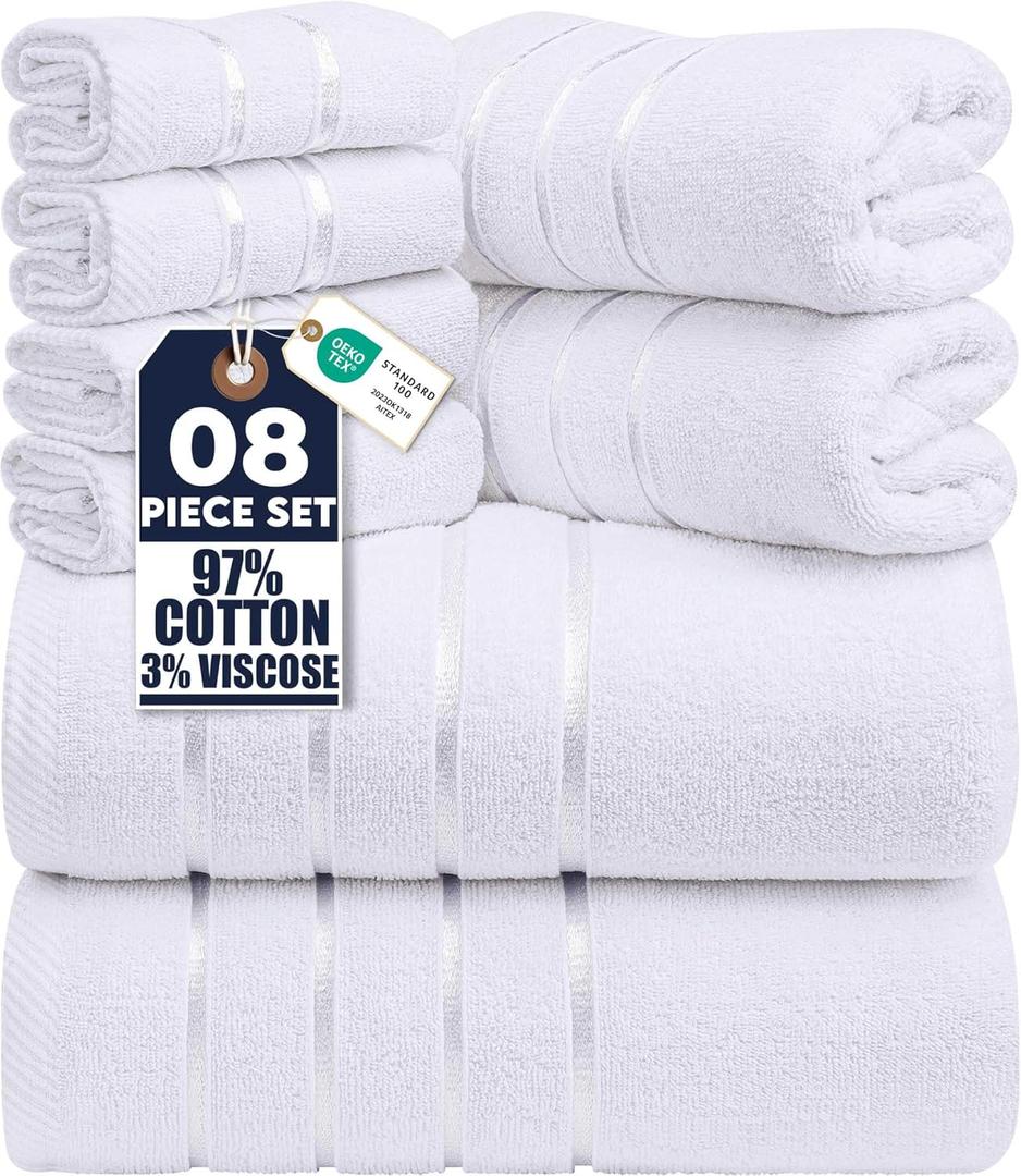 Utopia Towels 8 Piece Luxury Towel Set, 2 Bath, 2 Hand, and 4 Wash Cloths, 600 GSM Ring Spun Cotton, Highly Absorbent Viscose Stripe Towels, Ideal for Everyday use, White (27 x 54 inch; 2 hand towels, each measuring 16 x 28 inch and 4 washcloths, each measuring 12 x 12 inch)