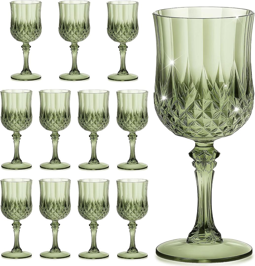 7OZ Plastic Wine Glasses, Reusable Vintage Goblets Unbreakable Drinking Glasses Crystal Water Cups Champagne for Wedding, Parties (12, Light Green), 2.65 inches x 6.6 inches