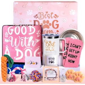 13Pcs Best Dog Mom Gifts for Women, Gift Baskets, Unique Dog Mom Birthday Gifts for Dogs Lovers, with Luxurious Flannel Blankets Gift for Owners for Birthdays, Christmas, and Mother's Day