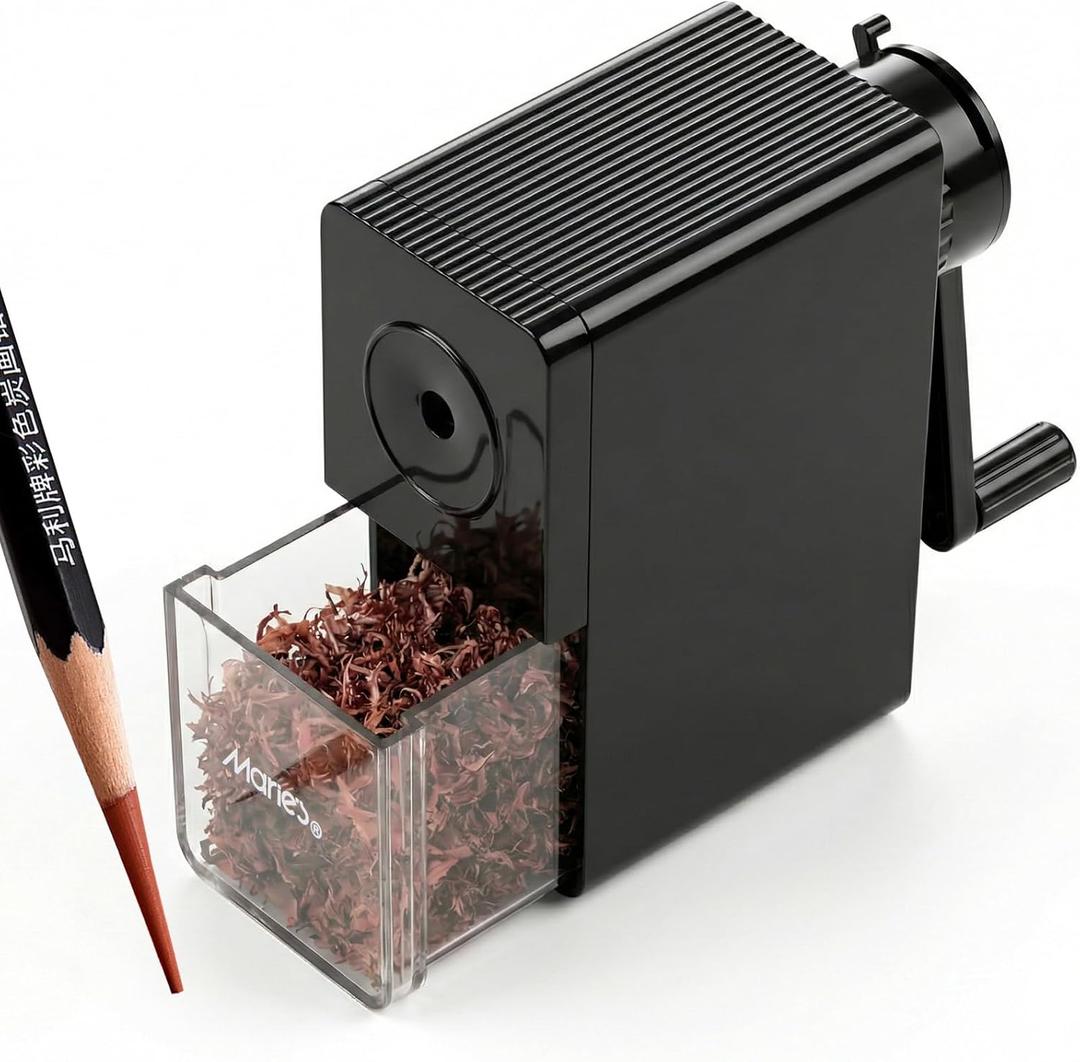 Marie's Long Point Manual Pencil Sharpener, 5-Level Adjustable Hand Crank Sharpener with Large Shavings Box for Art Sketching and Classroom, for Artists and Students