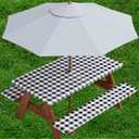 Sorfey Vinyl Umbrella Picnic Table and Bench Fitted Tablecloth Cover, Checkered Design, Flannel Backed Lining, 30x60 Inch, 3-Piece Set, Black