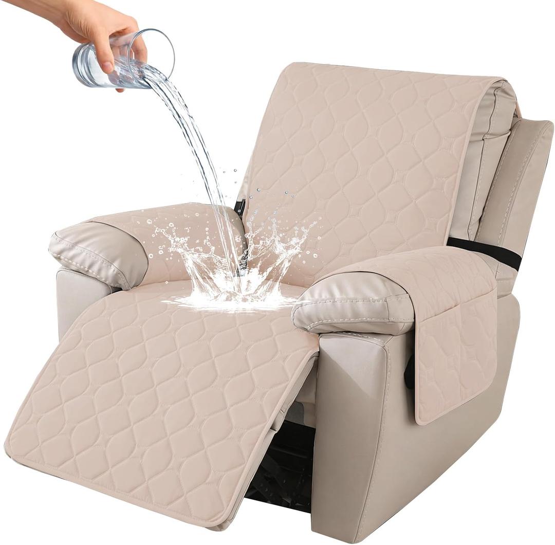 100% Waterproof Recliner Chair Covers, Recliner Cover Stay in Place, Chair Covers for Recliners, Recliner Covers Washable with Pocket, Elastic Straps for Pets, Dogs and Kids (Beige, 23")