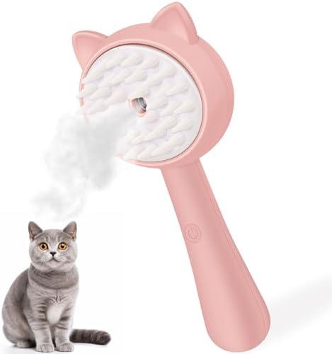 WYLAF 3-in-1 Cat Steam Brush, Pink, Cat Ear Shape, Removes Loose Hair, Cleans Skin, Promotes Blood Circulation, For All Pets, Unisex Adult, Pet Owners, Pack Of 2