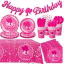 162PCS HOT Pink Happy Birthday Party Supplies Complete Set with Birthday Banner Paper Plates Cups Straw Napkins Spoon Fork knives Tablecloth for Women Girl Party Decorations Serve 20 Guests