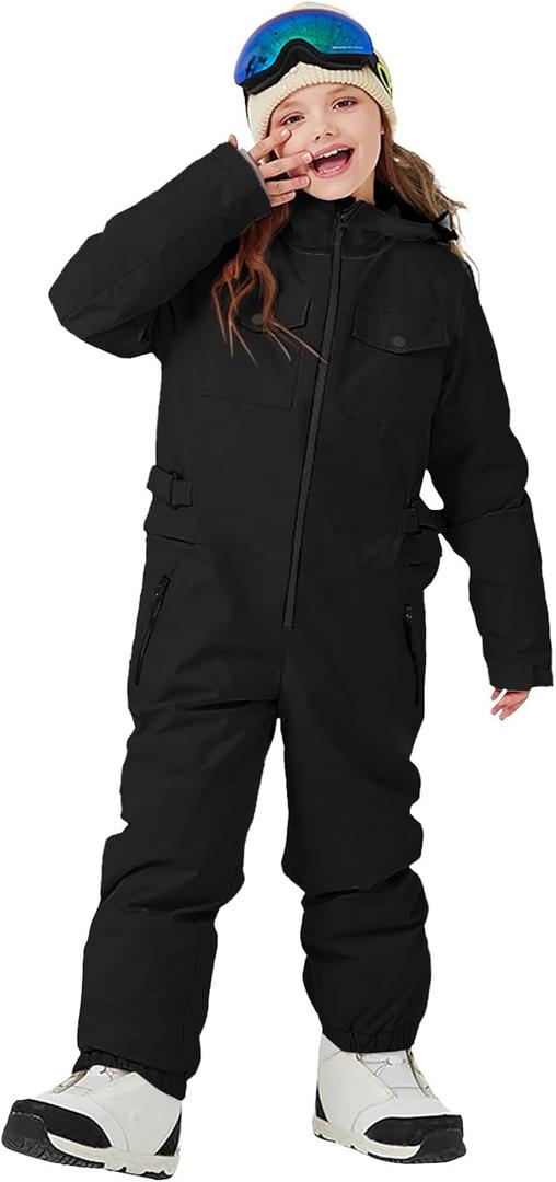 Haloumoning Kids Snow Suit Girls Waterproof Insulated Winter Outdoor Overalls Snowboarding One Piece Ski Suit 5-14Years (Black)