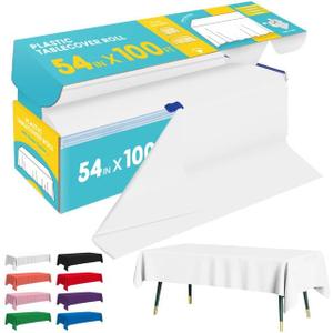 White Plastic Table Cover Roll - 54IN x 100FT, Table Cloth for Rectangle Table with Slide Cutter, Plastic Table Cloth Disposable with Cut-to-Size Design for Weddings, Banquets, Parties