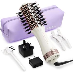 4-in-1 Travel Dual Voltage Hair Dryer Brush Blow Dryer Brush,Portable 2 inch Mini Hot Air Brush,Travel Hair Styler/Volumizer/Straightener/Curler,110-240V European Blow Dry Brush with EU&UK Plug (50mm Oval, White & Rose Gold)
