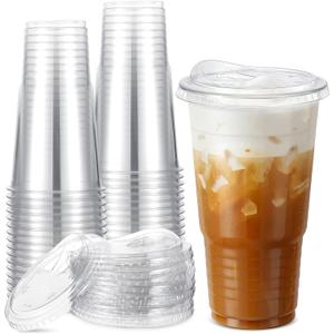 FoldTier 50 Pack 32 oz Clear Plastic Cups with Strawless Sip Lids, Oversized Iced Coffee Cups with Lids for Coffee, Tea, Milkshake, Smoothie, Cold Drinks, Party and Wedding, Event