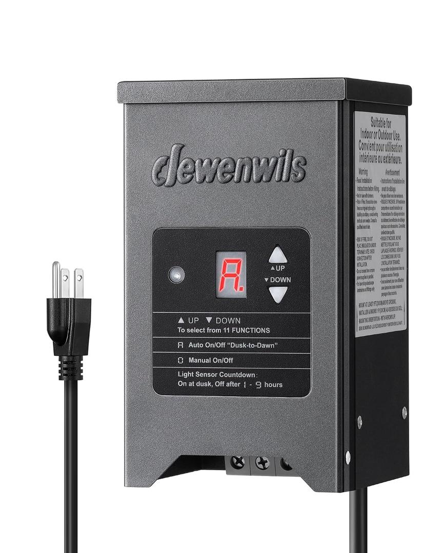 DEWENWILS 200W Weatherproof Low Voltage Landscape Lighting Transformer, 120V to 12/15V AC, Metal Low Voltage Landscape Transformer with Photocell & Timer, Multi Zone Landscape Lighting Transformer