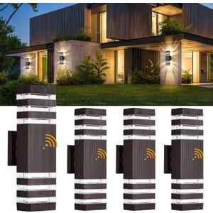 DASTOR 4 Pack Dusk to Dawn Outdoor Light Fixture, Modern Wall Lights Brown Exterior Sconce, 3000K Up and Down Porch Lights for House Garage Patio
