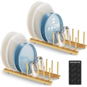 Bamboo Dish Drying Rack for Kitchen Organizer-Sturdy Plate Rack Organizer with Natural Bamboo, Dish Rack Holds Plates, Cups & Cutting Boards-Dish Drying Rack for Countertop & Cabinets 2 Pack